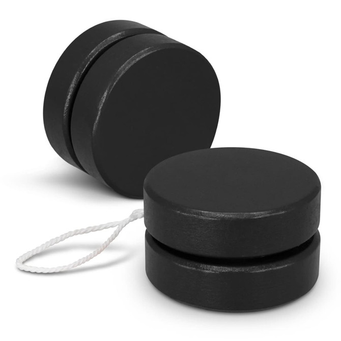 A black wooden yoyo featuring a string, designed with a smooth, round shape. The yoyo has a simple, sleek design.