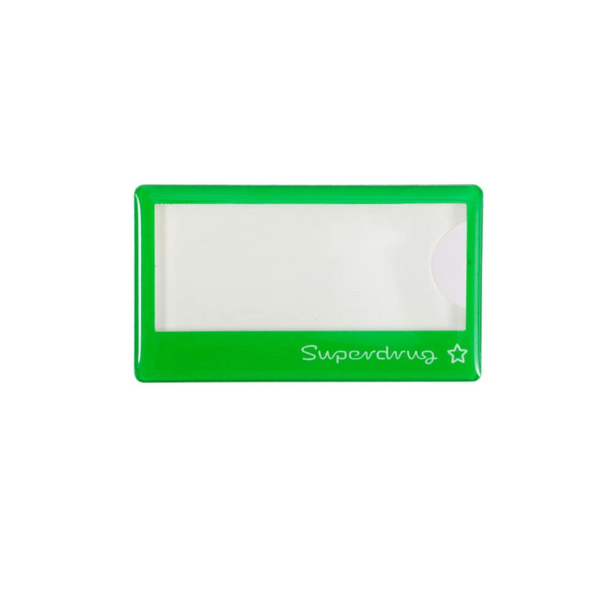 A green reusable acrylic name badge with a clear window and a logo on the bottom.