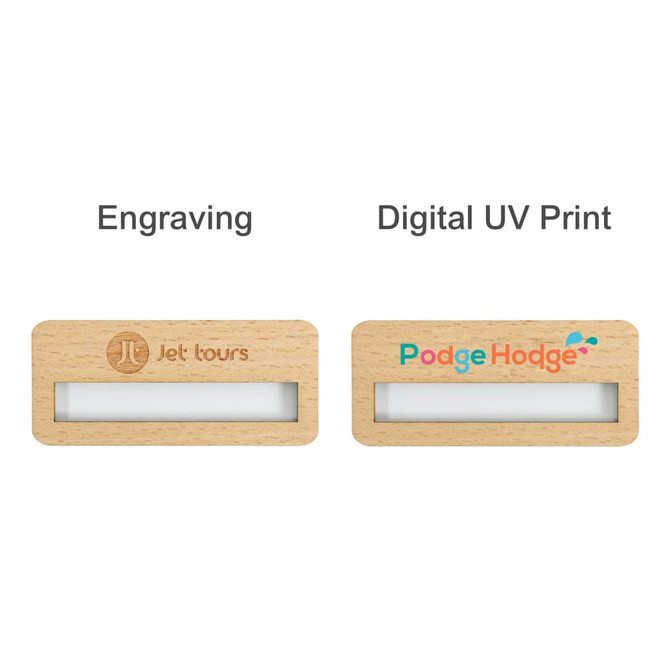 A set of reusable wooden name badges featuring light wood colour, with a logo on each and a clear insert area.