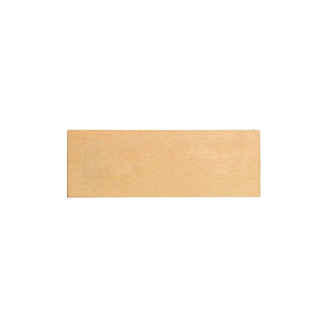 A wooden name badge in a light, natural wood colour, featuring a smooth, rectangular surface and a branding logo.