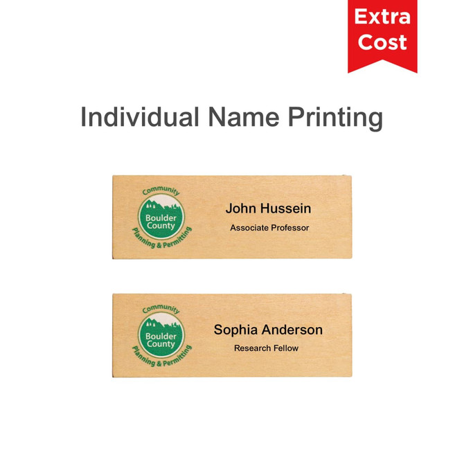 A wooden name badge featuring a light wood finish, accompanied by a logo and options for individual name printing.