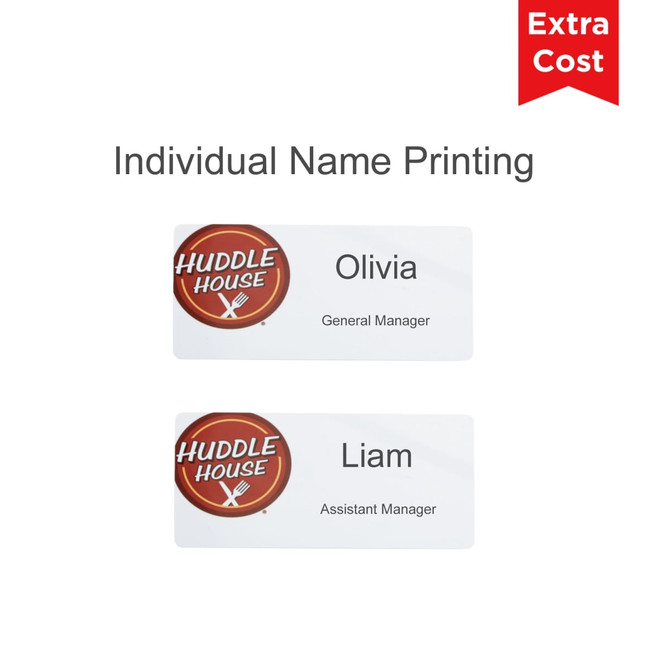 A custom PVC name badge displayed in white with a logo at the top and spaces for names and titles.