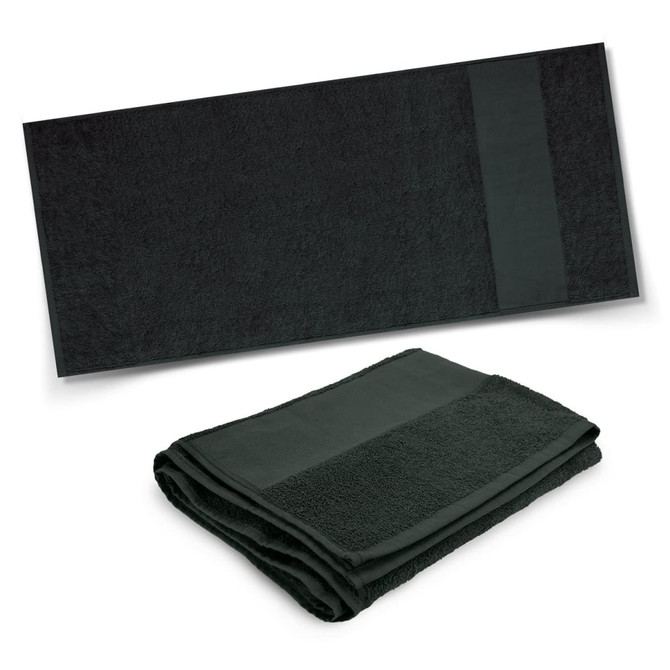 A dark green Marina Terry Towel featuring a textured stripe design, presented in both flat and folded views.