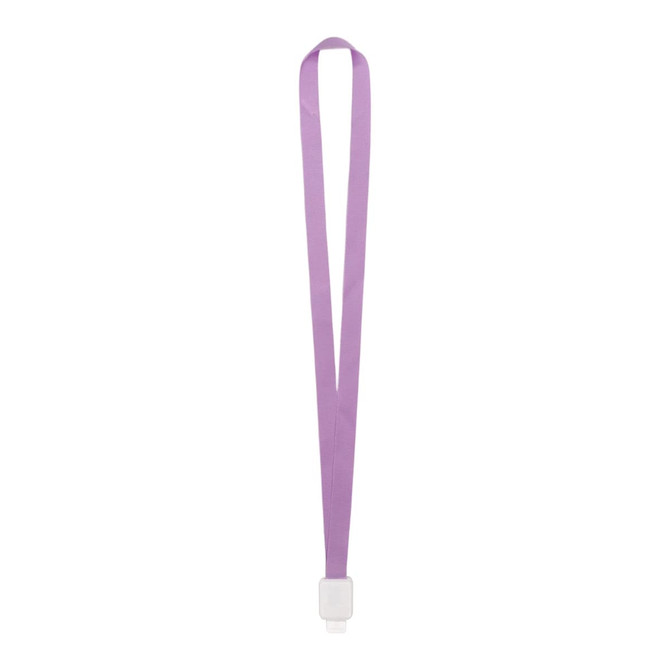 A purple retractable lanyard with a white holder at the end. It features a branding logo.