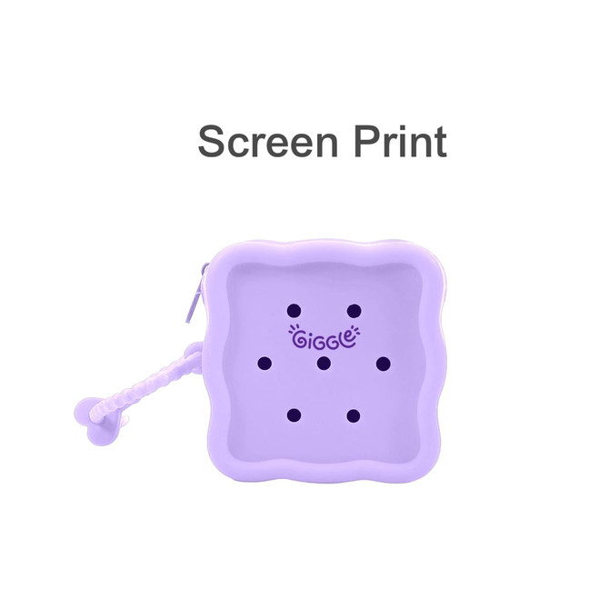 A square purple silicone pouch with black holes and a braided zipper pull, featuring a logo.