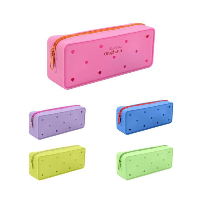 A silicone pencil case in pink, lavender, blue, and green, featuring heart-shaped holes and a zip closure.