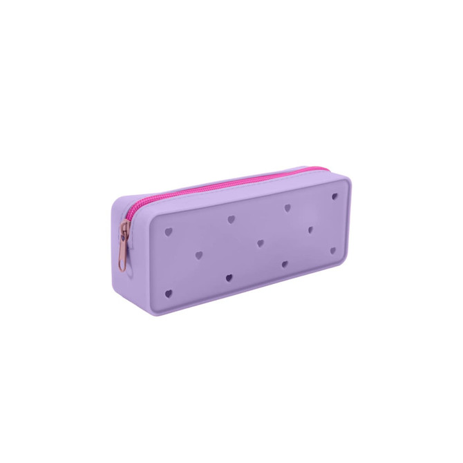 A purple silicone pencil case with heart-shaped holes and a pink zipper. Features a branding logo on the side.