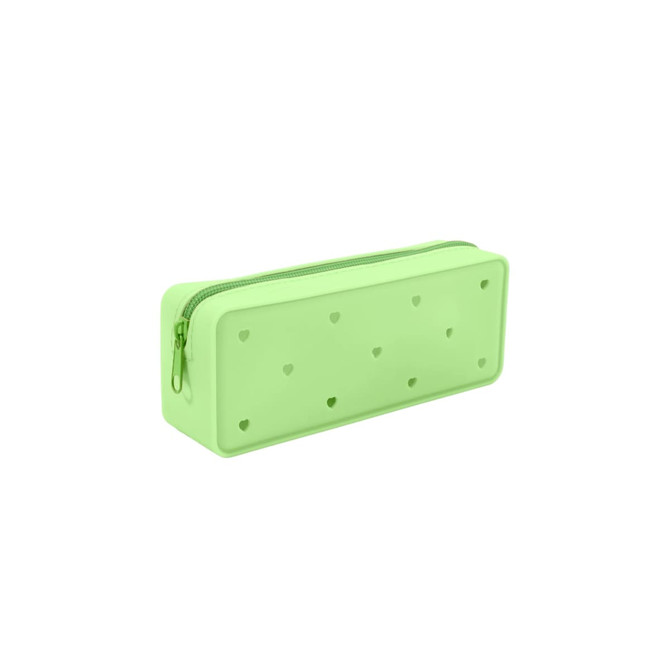 A green silicone pencil case with heart-shaped cutouts and a zip closure. It features a simple and sleek design.