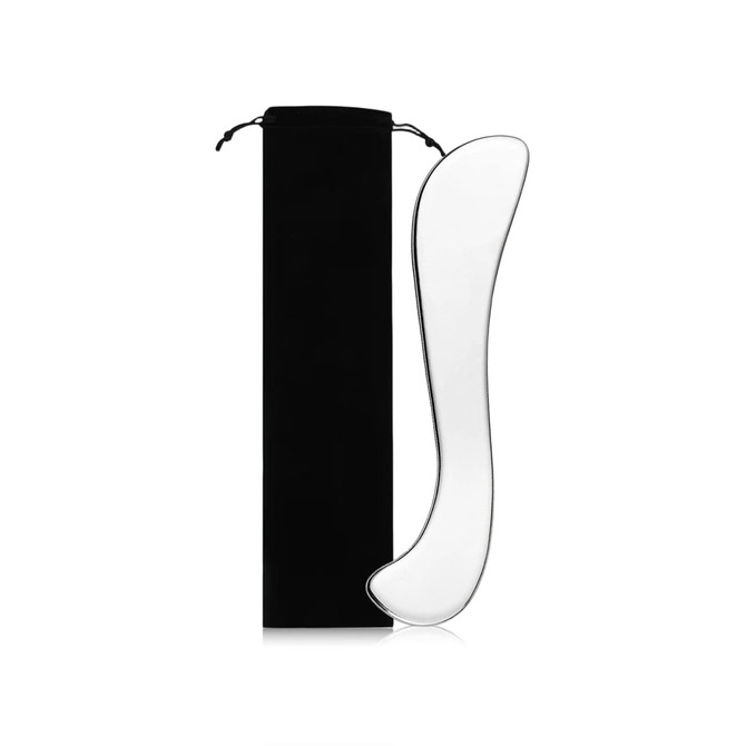 A facial Gua Sha massage tool in a sleek, transparent design, accompanied by a black storage pouch.
