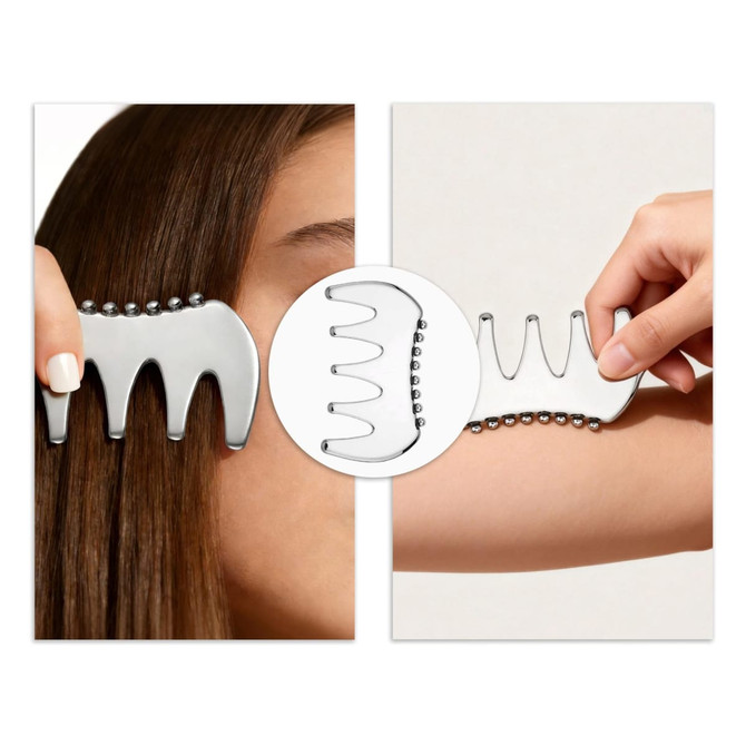 A silver 2 in 1 scraping board with a comb-like design, featuring rounded edges and ball details.