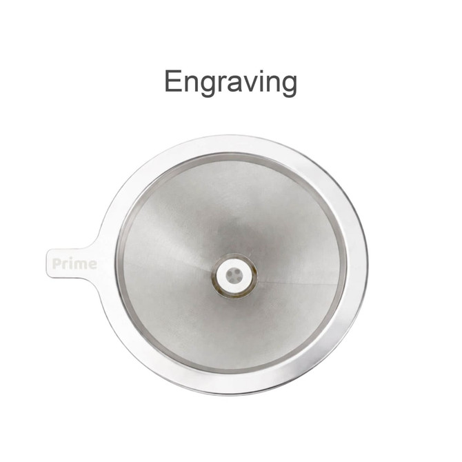 A stainless steel coffee filter with a stand, featuring a circular design and a small hole in the centre.