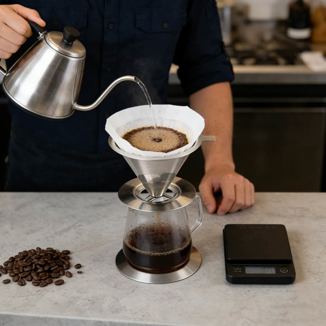 A stainless steel coffee filter with stand is shown, with a kettle pouring water over it. Coffee beans are scattered nearby.