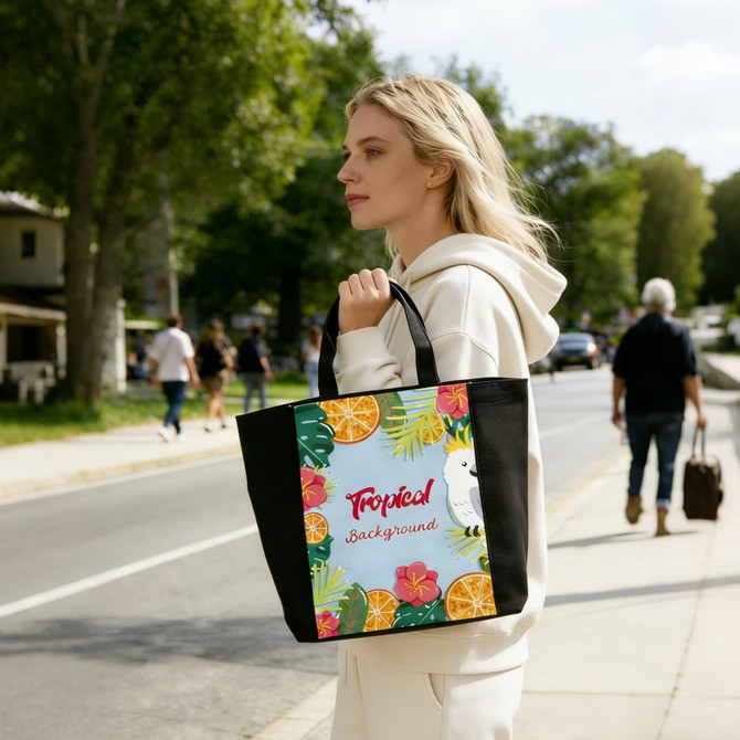 A tote bag in vibrant colours featuring a tropical design with flowers and fruits, alongside a person walking outdoors.