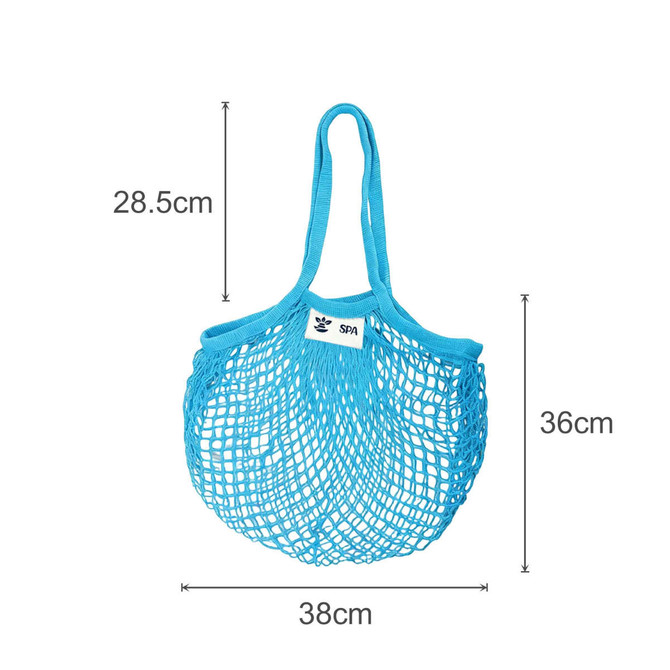 A blue mesh grocery bag with two handles, featuring a logo, dimensions 28.5 cm by 38 cm.