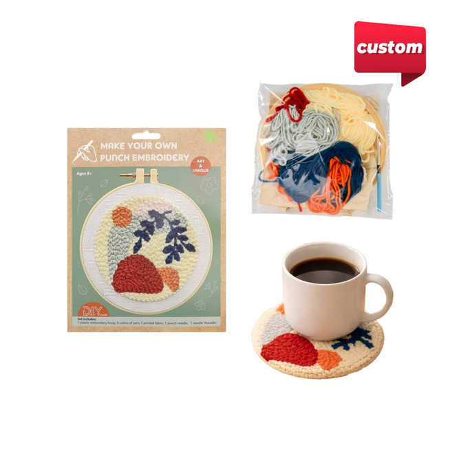 A punch needle coaster kit with multicoloured yarn and a finished coaster featuring red, blue, and neutral tones.