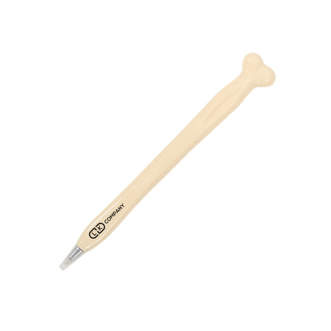 A bone-shaped pen in cream colour with a silver tip and a logo on the side.