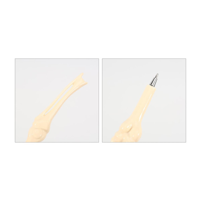 A pen designed to resemble a knee joint, featuring a creamy colour and a silver pen tip.