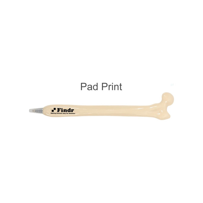A femur bone-shaped pen in a cream colour, featuring a black logo along the side.