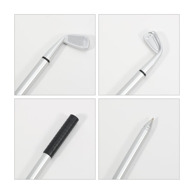 A golf-themed pen featuring a silver club head, black textured grip, and a fine point tip. Branding is present.