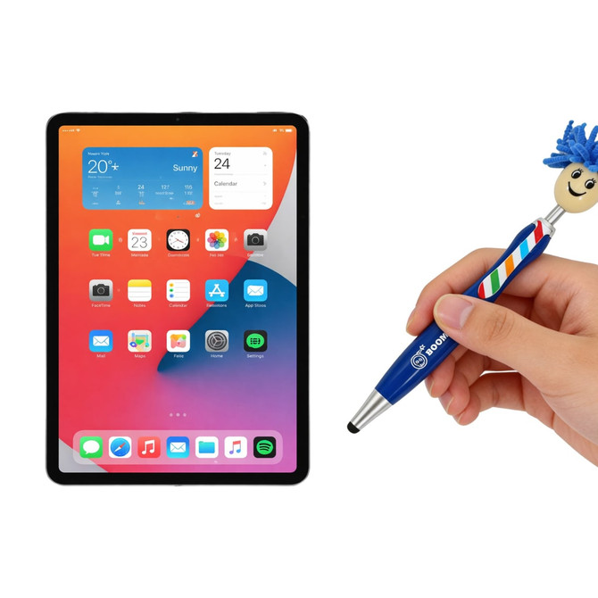 A blue and white striped pen with a mop-top design, held next to a tablet displaying a colourful screen.