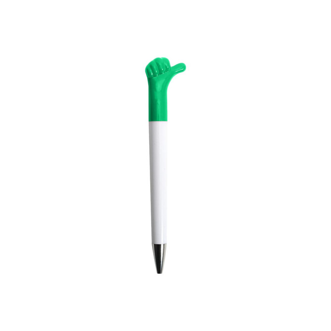 A pen with a white body and a green thumb-shaped topper, featuring a shiny silver tip.
