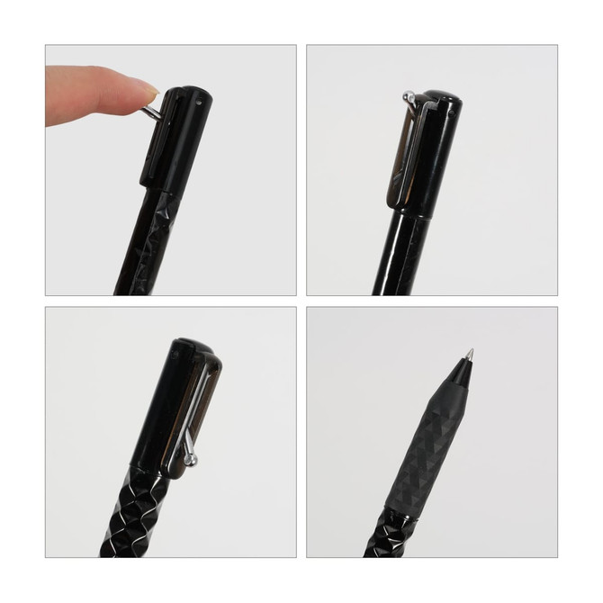 A black plastic pen with a textured design, featuring a retractable tip and a clip. It includes a logo.