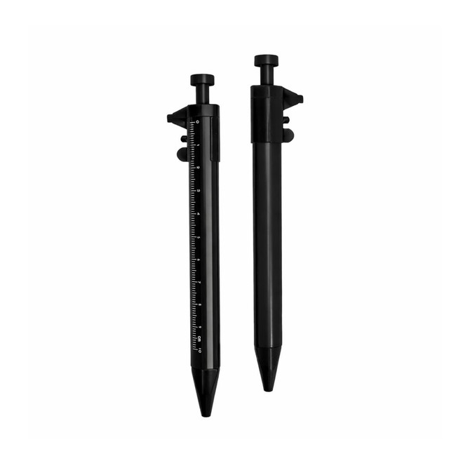 A black caliper pen with measuring scale and pointed tip, featuring a logo on the side.