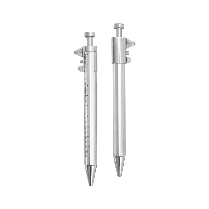 A silver caliper pen with a measurement scale and a retractable tip. It features a sleek, metallic design and has a logo.