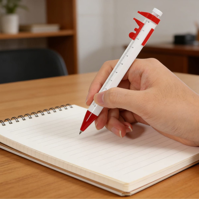 A white and red caliper pen in hand, poised over a blank, spiral-bound notebook on a wooden table.