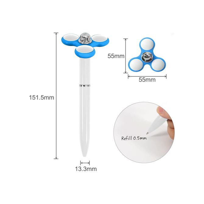 A white pen with blue spinner attachments and a silver top, featuring a refillable tip measuring 0.5mm.