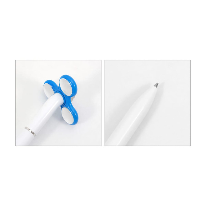 A fidget pen with a white body and blue spinner top, featuring three white circular buttons.
