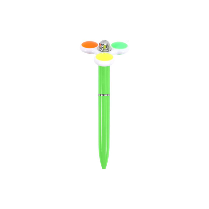 A green fidget pen with three brightly coloured buttons in orange, yellow, and green on top. It has a logo.