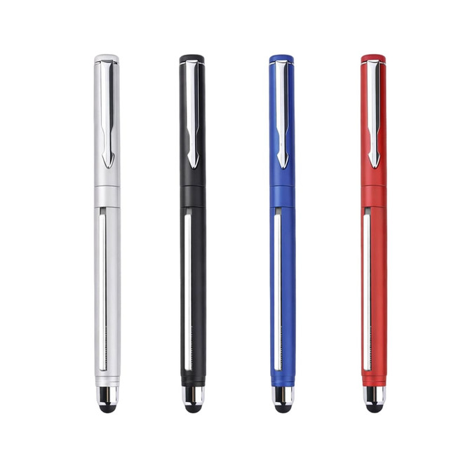 A set of four 2 in 1 commercial banner pens in silver, black, blue, and red, featuring a sleek design and a logo.