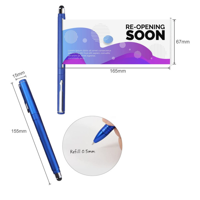A blue promotional pen with a retractable banner displaying a vibrant design. Includes a logo and dimensions are shown.