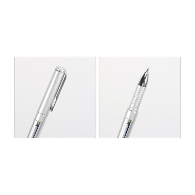 A silver pen with a clip and a shiny tip, showcasing both its closed and open positions.
