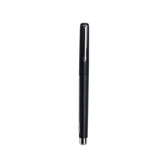 A black pen with a sleek design and a silver clip, featuring a logo.