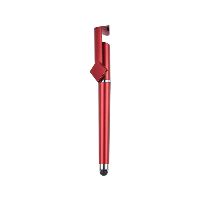 A red metal pen with a sleek design, featuring a clip and a stylus tip at the end. It has a logo on the body.