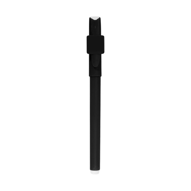 A black pen with a clip and a rounded tip, featuring a logo on its body.