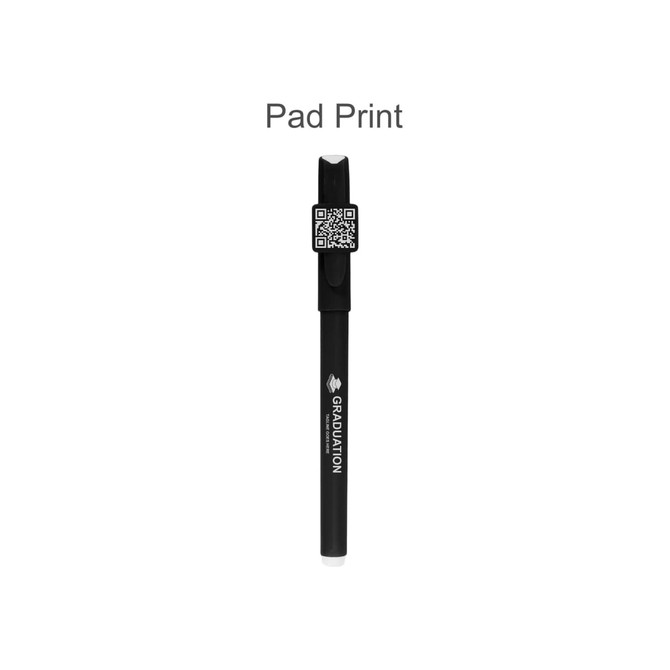A black pen featuring a QR code on the top, with a branding logo and text underneath.