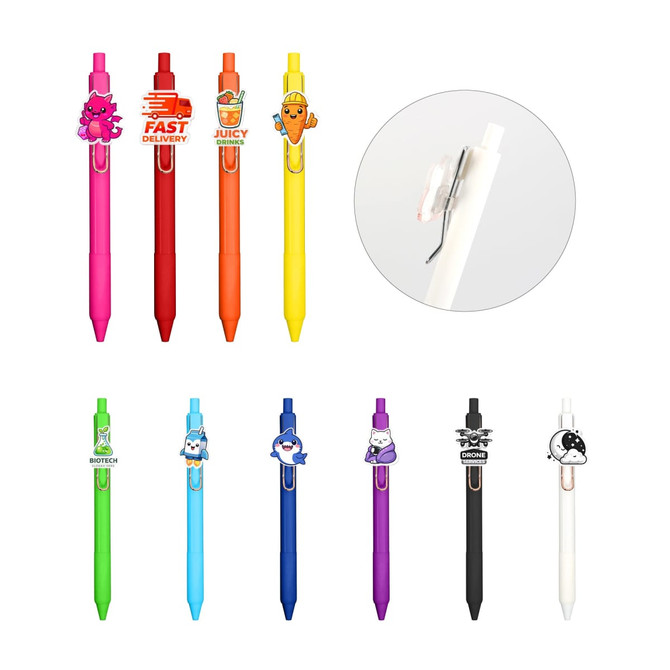 A collection of custom acrylic pens in various colours, each featuring unique clip designs and logos.