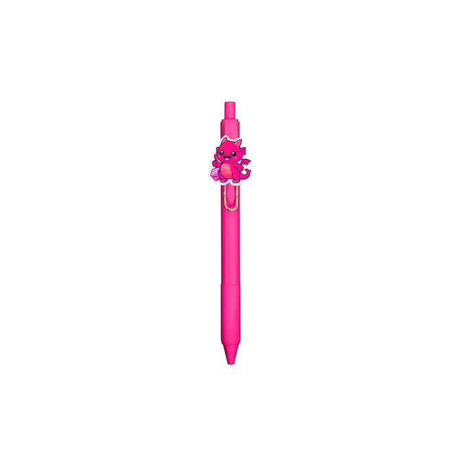 A pink acrylic pen featuring a dragon character clip and a branding logo on the body.