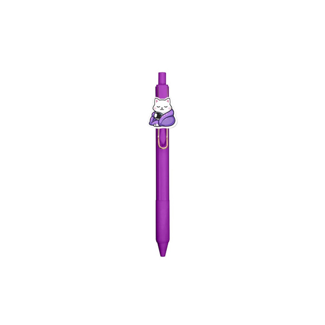 A purple acrylic pen featuring a cat design on the clip and a branding logo.