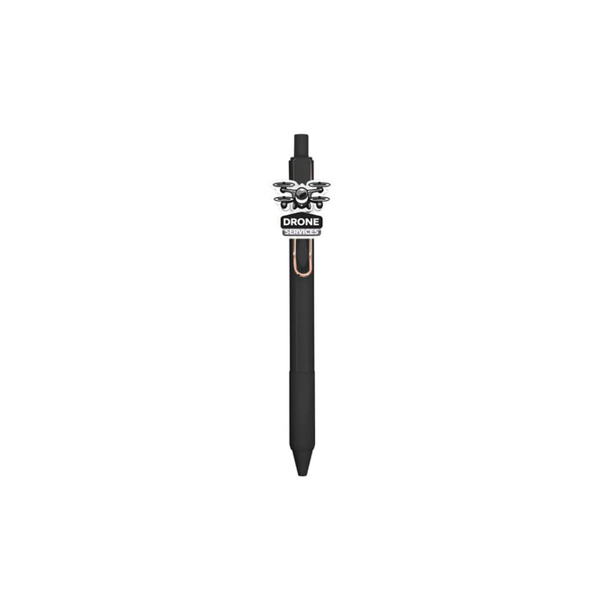 A black acrylic pen featuring a drone design and a clip, with branding on the top.