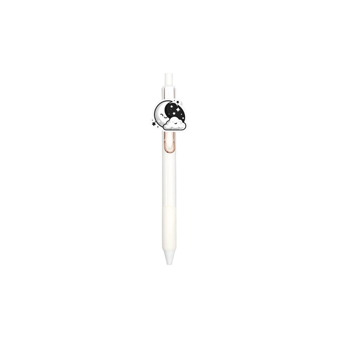 A white custom acrylic pen featuring a moon and clouds design, with a metallic clip and a logo.