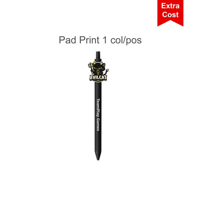 A black acrylic pen with a character logo on top and a branding element on the barrel.