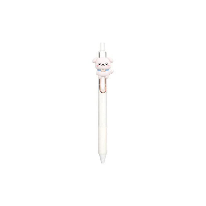 A white pen featuring a cute dog character on the clip and a gold accent.