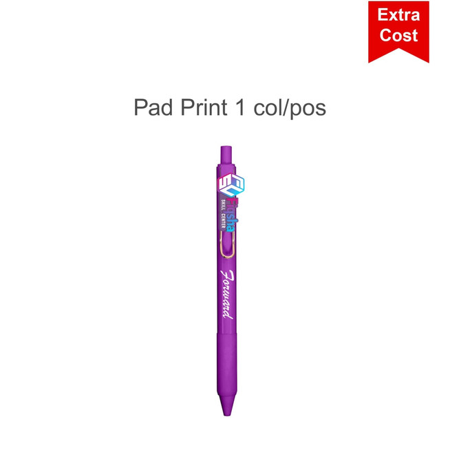 A purple custom PVC pen with a clip and a logo.