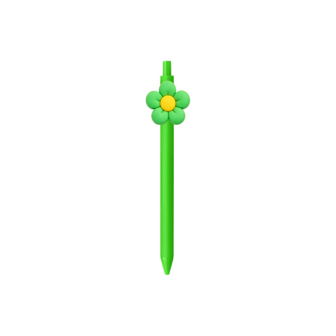 A green pen with a flower-shaped top in shades of green and yellow, featuring a logo on the side.