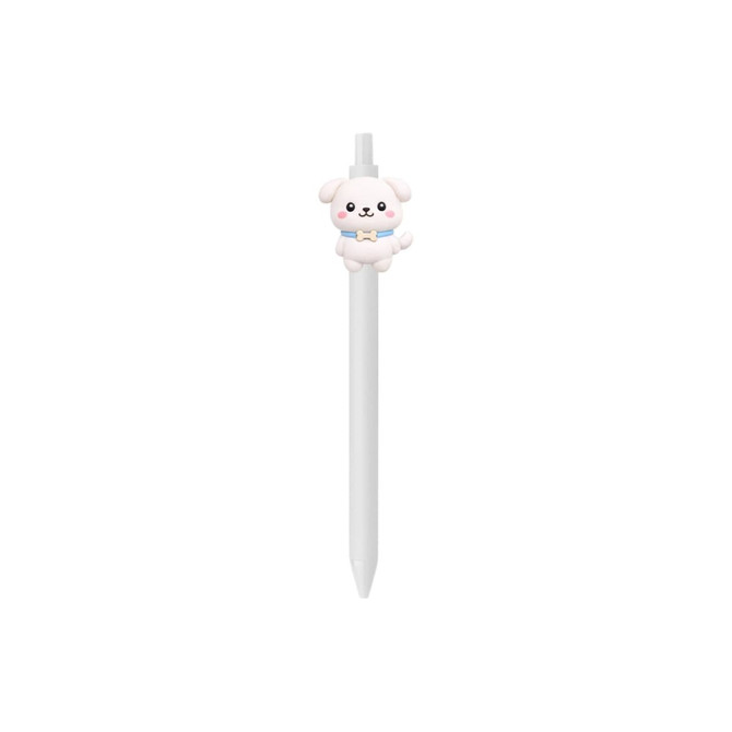 A custom white pen with a cute dog-shaped topper, featuring a collar and a bone detail. It has a logo on the body.