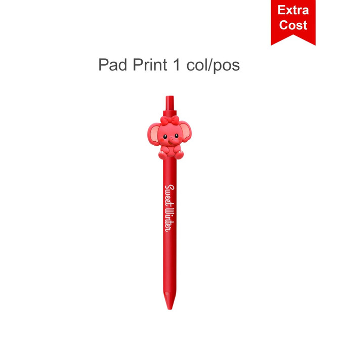 A red pen with an elephant-shaped top and a white logo, featuring a playful design.